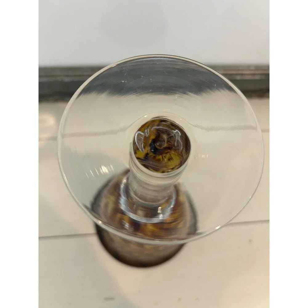 Art Glass Wine Goblet Amber Brown Pulled Feather Festooned Hand Blown 8.5